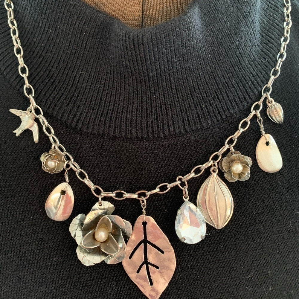 Boho metallic charm necklace silver tone lobster clasp pearl accents adjustable